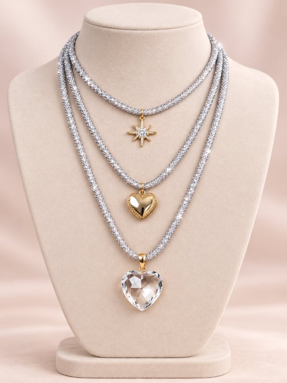 Stunning Silver Sparkle Thick Chained 3-Layer Star Heart Charm Locket Necklace